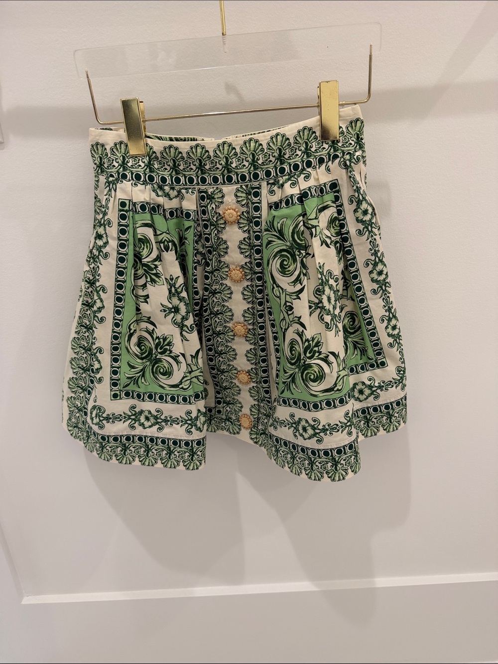 Cara Cara Printed Green and White Button-Front Mini Skirt